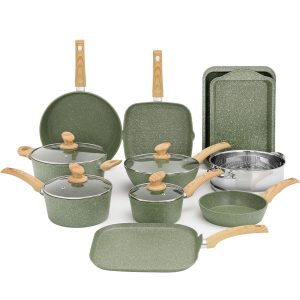 17 Piece Cookware Set Nonstick Granite Coated Pots and Pans Set Bakeware Green