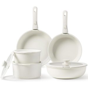 11pcs Detachable Handle Pots and Pans Set,Cream White Nonstick Cookware Sets