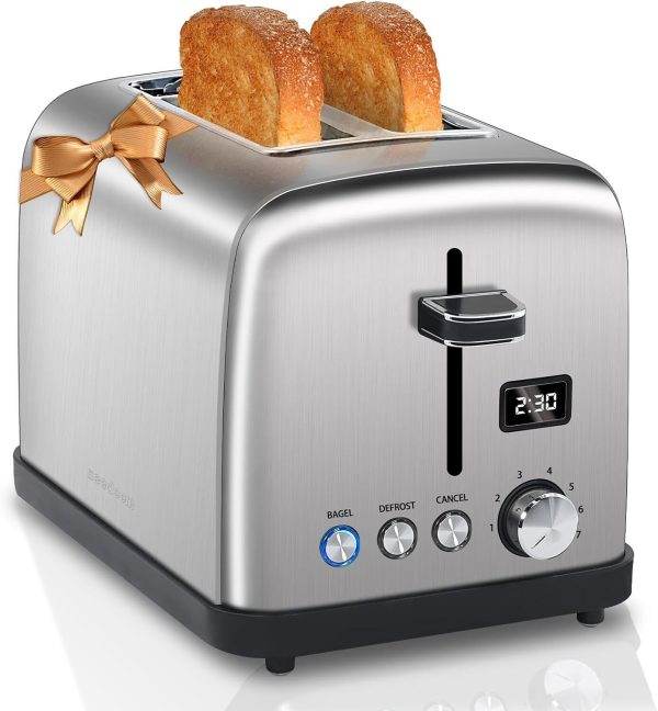 2 Slice LCD Display Stainless Steel Toaster – 1.4” Wide Slots 6 Shade Settings