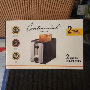 NEW – NEVER USED – CONTINENTAL BLACK 2 SLICE TOASTER -IN ORIGINAL BOX-WIDE SLOTS