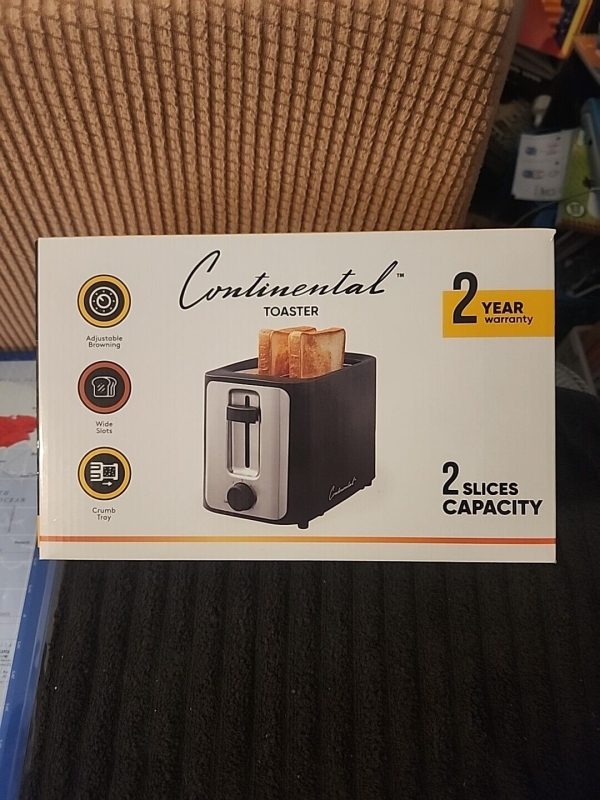 NEW – NEVER USED – CONTINENTAL BLACK 2 SLICE TOASTER -IN ORIGINAL BOX-WIDE SLOTS