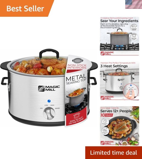 Slow Cooker 10 Quart | Extra Large Non-Stick Metal Searing Pot & Transparent …