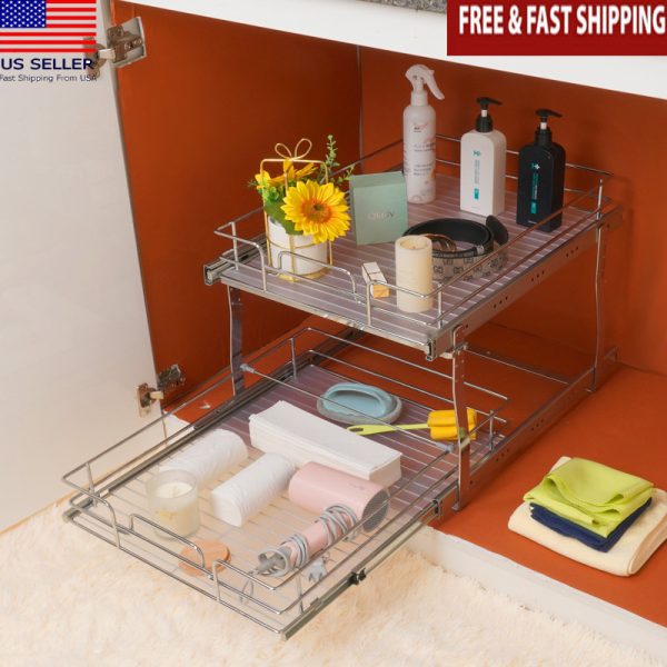 2 Tier Wire Pull Out Cabinet Under Sink Organizer W/ Metal Shelf Kitchen Home US