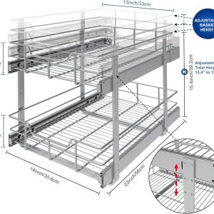 2 Tier Pull Out Cabinet Organizer 14″ W X 22″ D, Slide Out Drawers For Kitchen..
