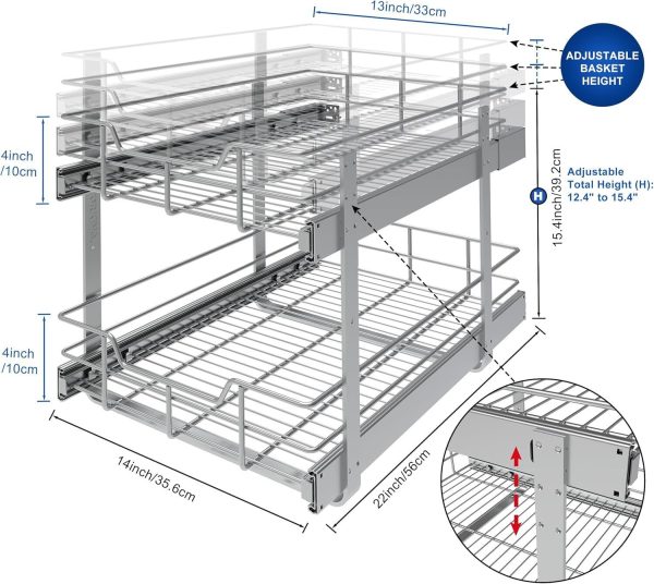 2 Tier Pull Out Cabinet Organizer 14″ W X 22″ D, Slide Out Drawers For Kitchen..