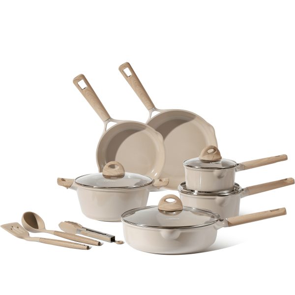 Pans and Pots Set, 13 Piece Industion Kitchen Non-Stick Cookware Sets Taupe