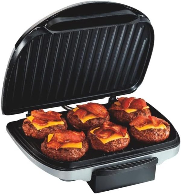 Electric Grill, 6 Servings, 90 Square Inches, 1200 Watts, Non-Stick Pan, Silver