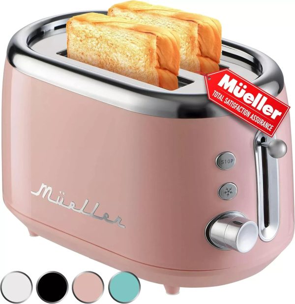 Mueller Retro Toaster 2 Slice with 7 Browning Levels and 3 2 Slice, Pink