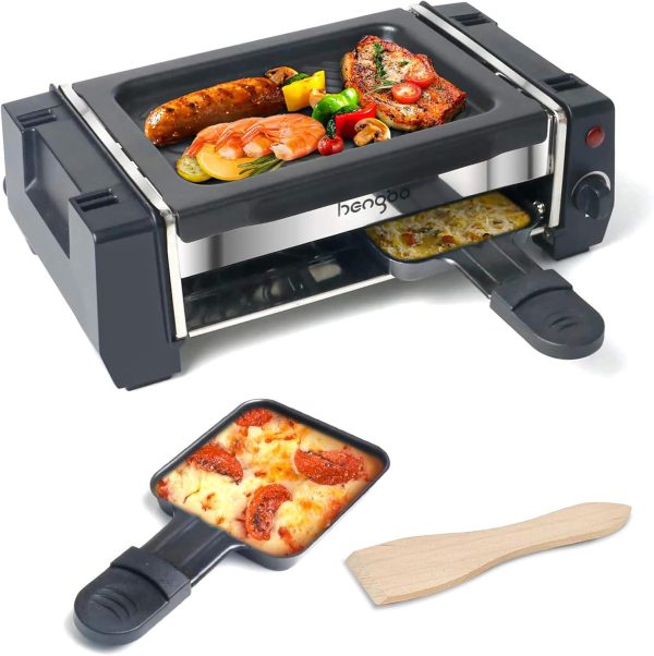 Raclette Grill Electric Indoor BBQ, 2 in 1 Nonstick Griddle with 2 Cheese Pans