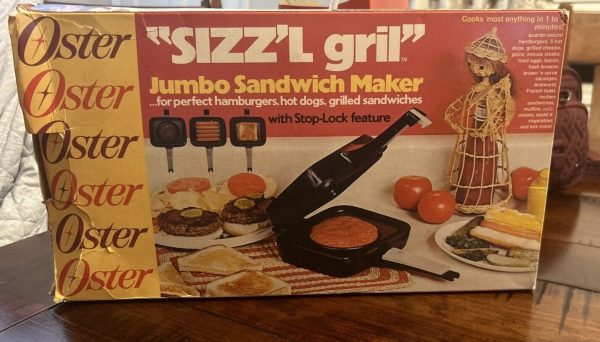 Vintage Oster SIZZ’L GRIL Jumbo Sandwich Maker Grill 1976 NIB Model 720-01