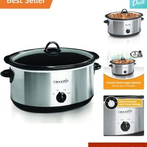 8 Quart Oval Manual Slow Cooker – Stainless Steel, Dishwasher Safe, Serves 10+