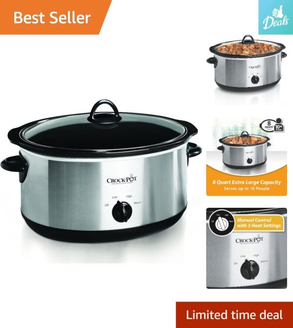 8 Quart Oval Manual Slow Cooker – Stainless Steel, Dishwasher Safe, Serves 10+