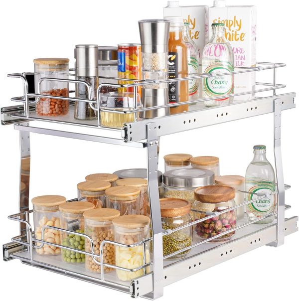 2 Tier 13″W X 21″D Pull Out Cabinet Organizer, Heavy Duty Slide Out Pantry Shelv