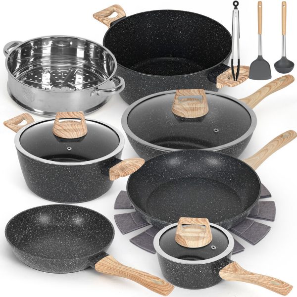 SODAY 17-Piece Granite Non-Stick Skillet Frying Pots & Pans Safe Kitchen Cooking