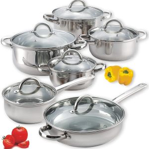 Kitchen Cookware Sets, 12-Piece Basic Stainless Steel Pots and Pans, Silver