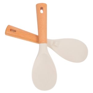 2PCS Silicone Rice Paddle: Non Stick Rice Cooker Spoon with Wooden Handle Heat