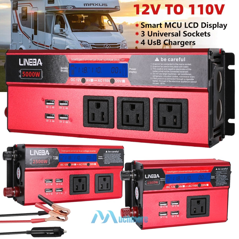 5000W Power Inverter Modified Sine Wave DC 12V to AC 110V Solar Converter 4 USB