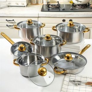 12Pc Stainless Steel Cookware Set, Pots & Pans with Gold Handles, Nonstick Fryin