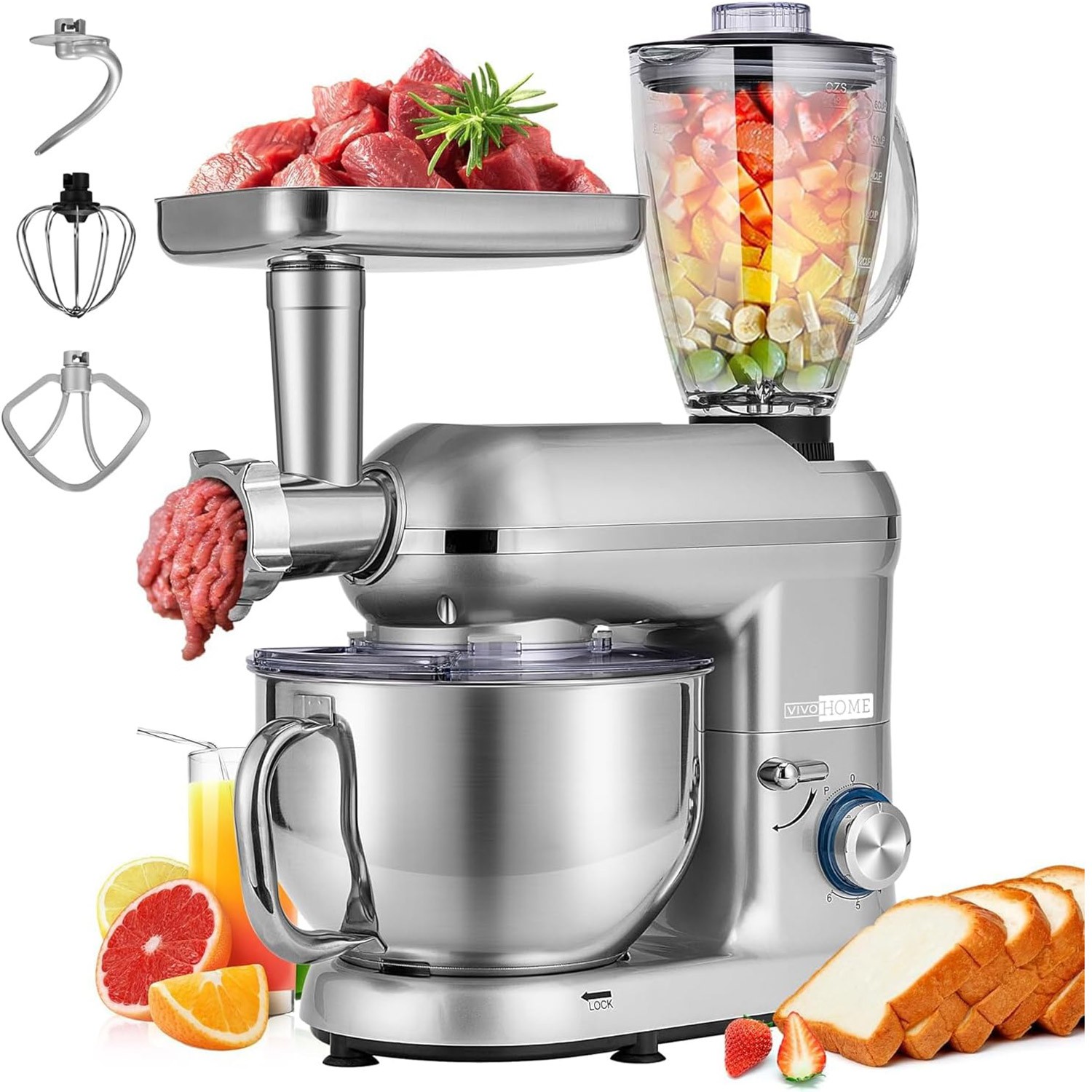 3in1 6Qt Food Stand Mixer 650W 6-Speed Meat Grinder Juice Blender ETL Certified