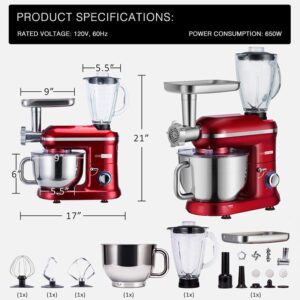 3in1 6Qt Food Stand Mixer 650W 6-Speed Meat Grinder Juice Blender ETL Certified