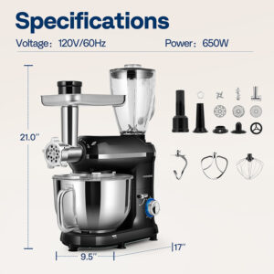 3in1 6Qt Food Stand Mixer 650W 6-Speed Meat Grinder Juice Blender ETL Certified