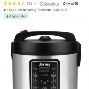 AROMA 20 Cup Digital Multicooker Rice Cooker Stainless Steel 5 Settings 700W