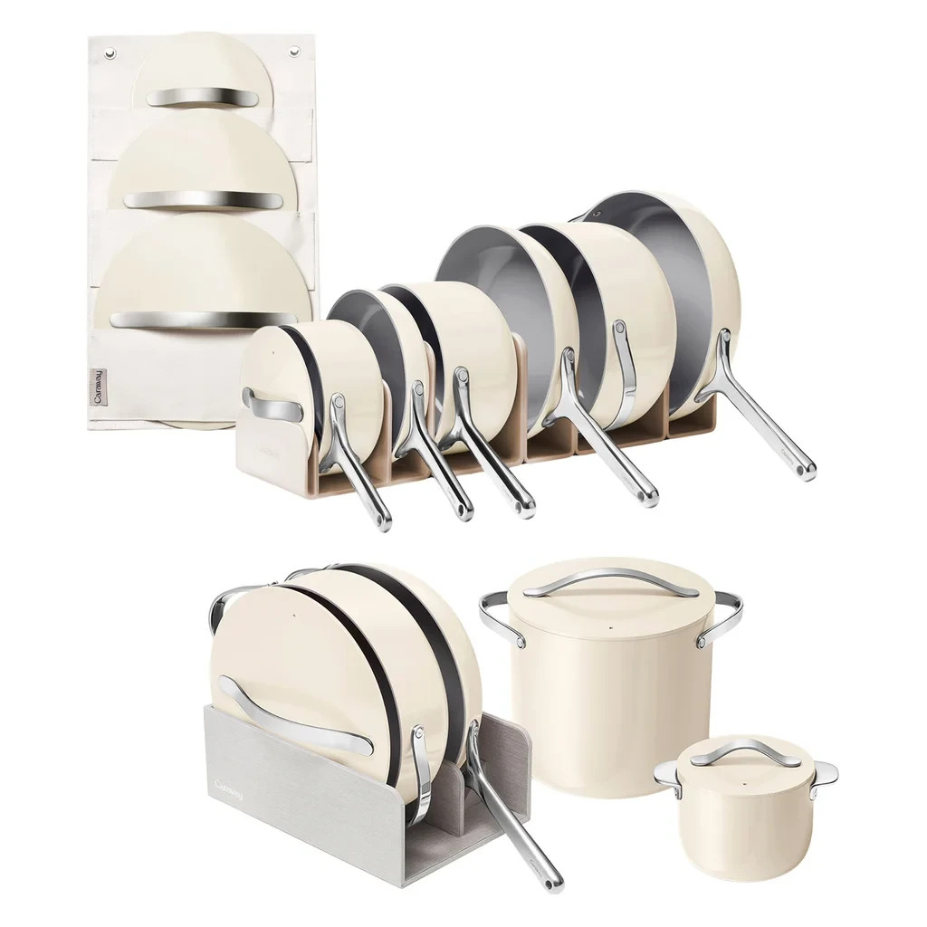 Caraway Cookware Set Cream 24 piece Ceramic Pots Pans Lids Storage Non Toxic