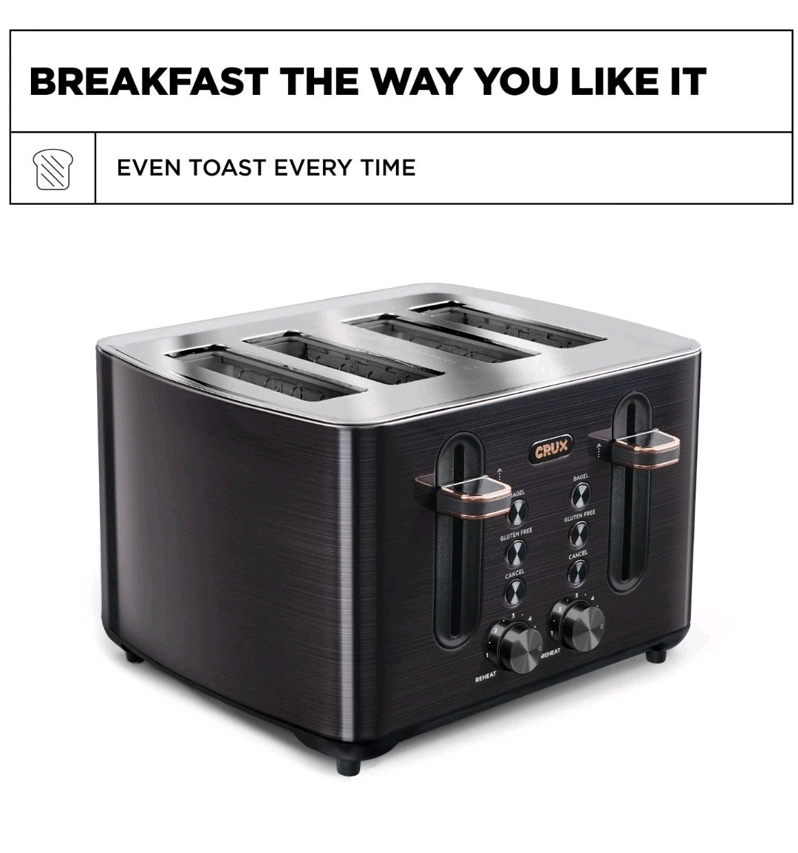 Crux 4-Slice Extra Wide Slot Stainless Steel Toaster with 6 Shade Setting Contro