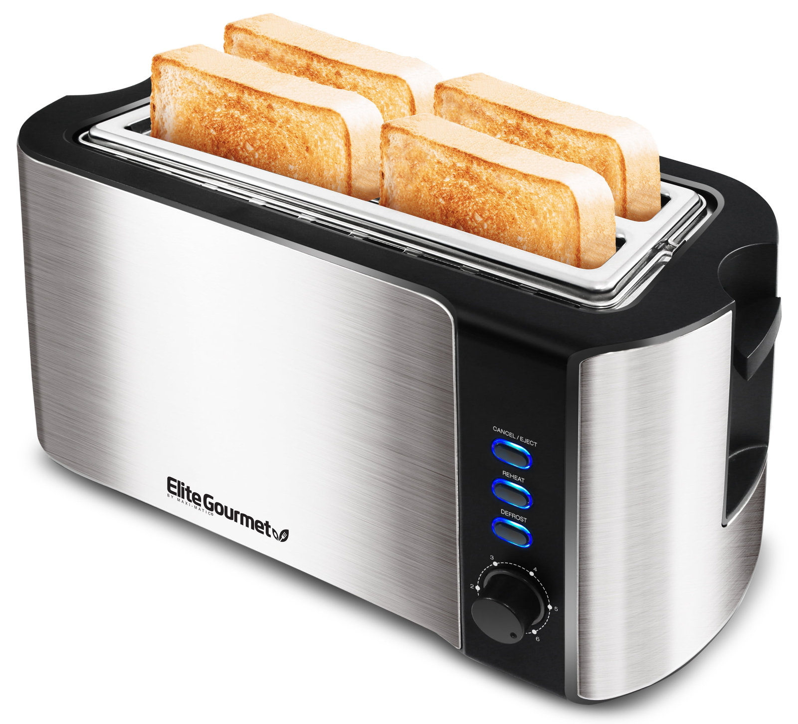 Elite Gourmet ECT-3100 Long Slot 4 Slice Toaster, Reheat, 6 Toast Settings Black