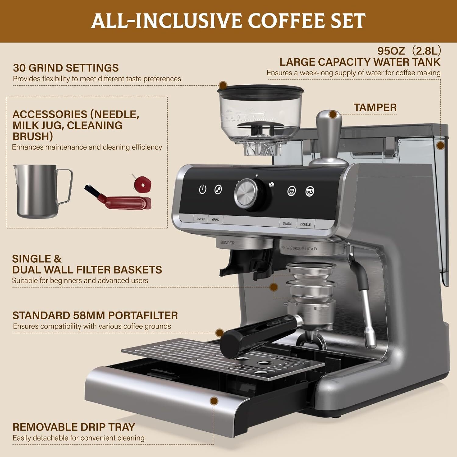 Espresso Machine with Grinder 20 Bar Espresso Coffee Maker Latte w/Milk Frother
