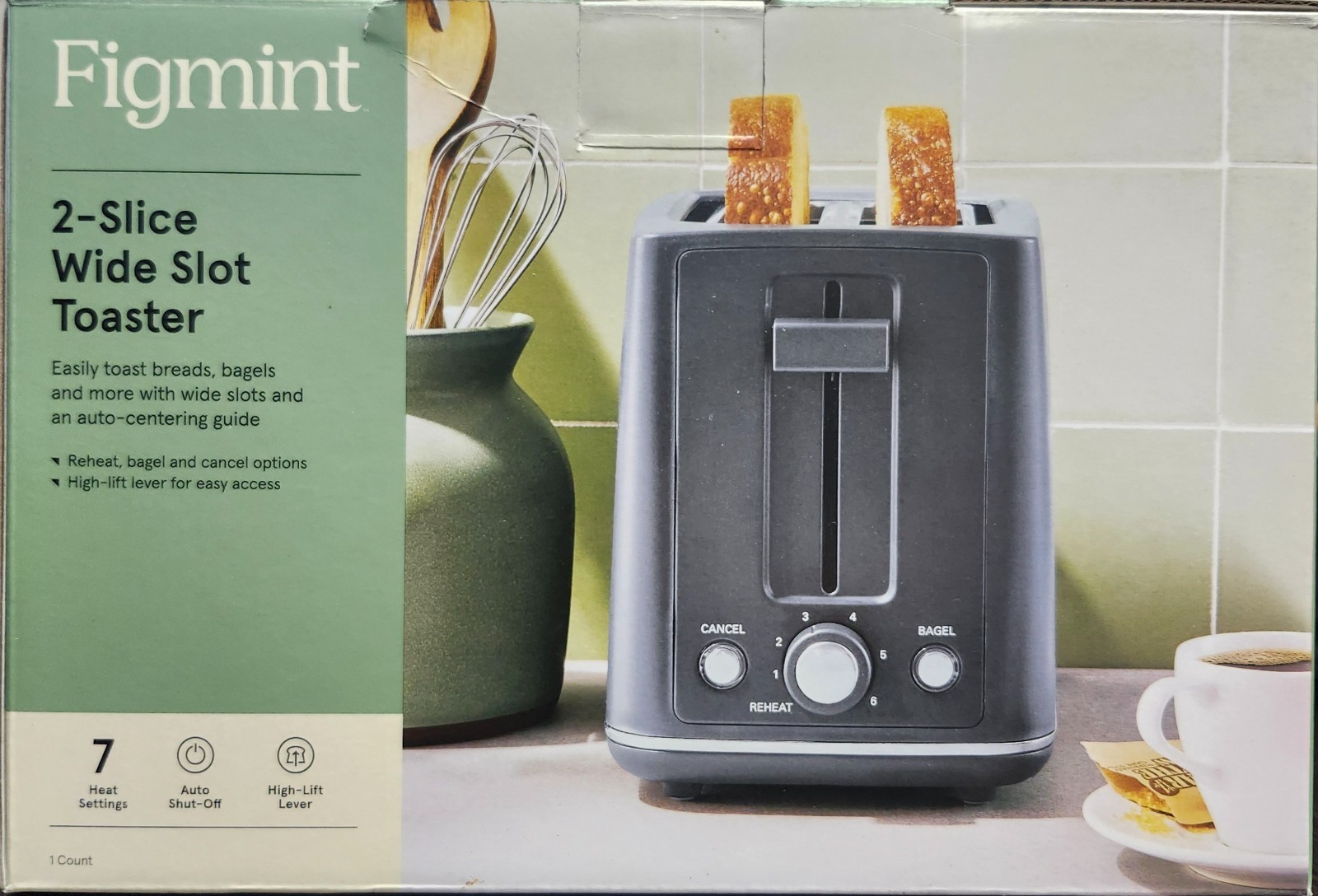 FIGMINT 2 Slice Wide Slot Toaster with 7 Heat Settings and Auto Shutoff