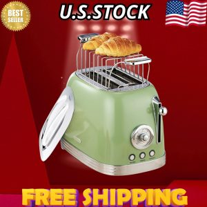 Green Retro 2-Slice Toaster with Wide Slots, Lid, Warming Rack & Timer