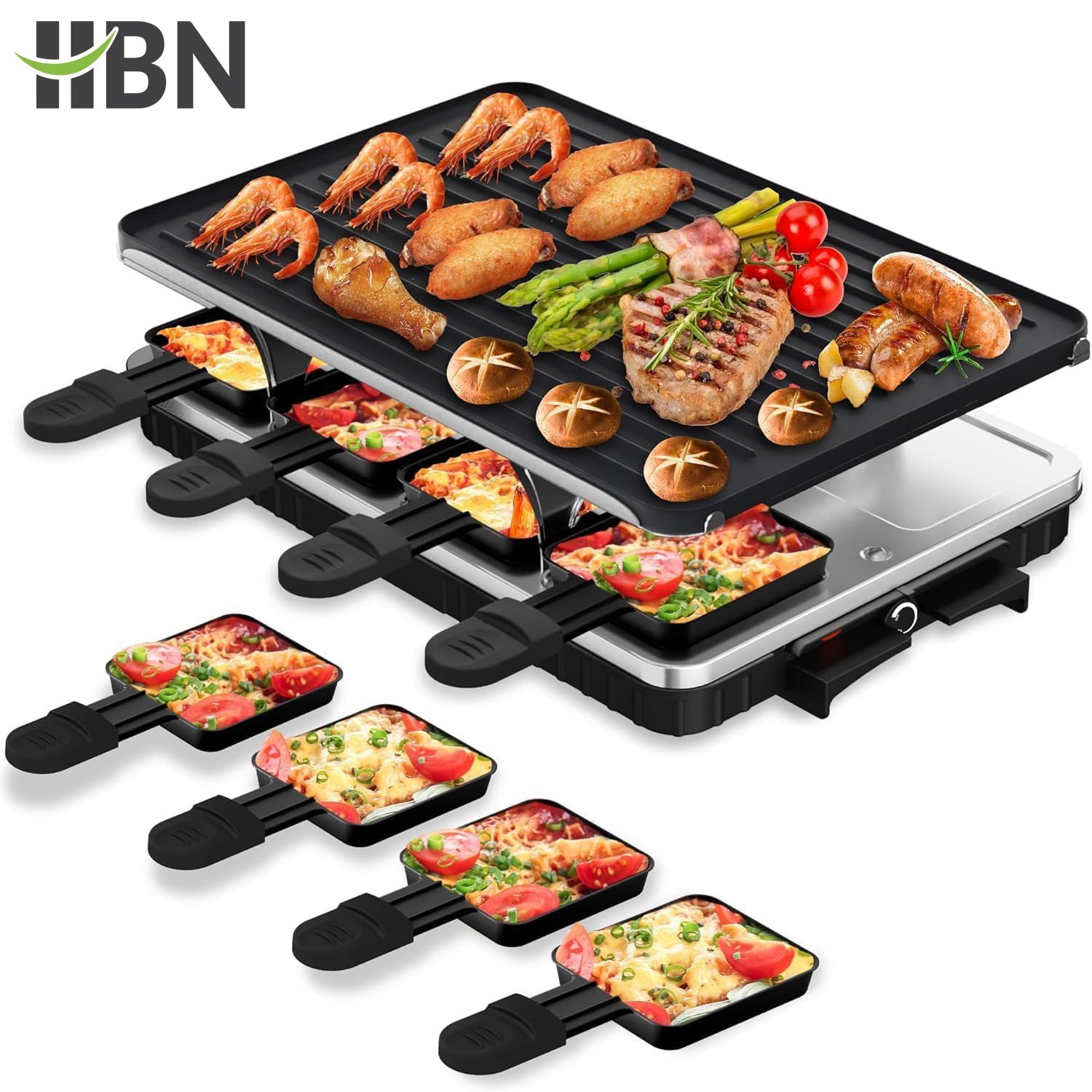 HBN Electric Raclette Table Grill W/ 8 Warming Trays, 2-in-1 Korean BBQ Grill