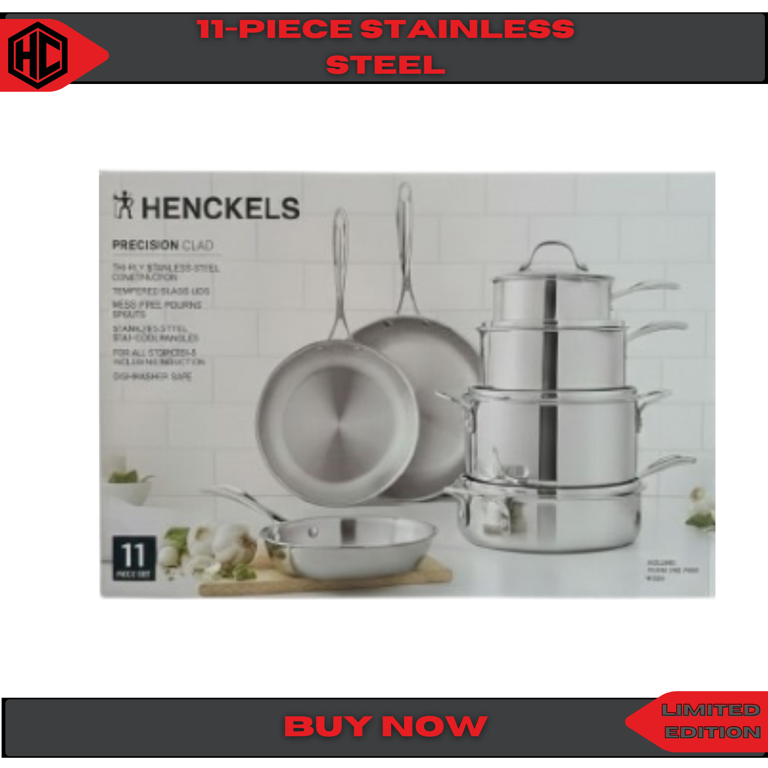 Henckels Tri-Ply Clad Stainless Steel 11-piece Cookware Set, NEW
