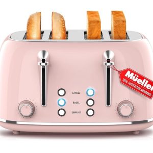 Mueller Retro Toaster 4 Slice Pink Browning Levels Easy Clean