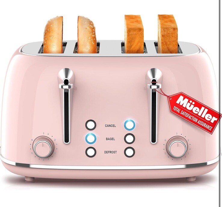 Mueller Retro Toaster 4 Slice Pink Browning Levels Easy Clean