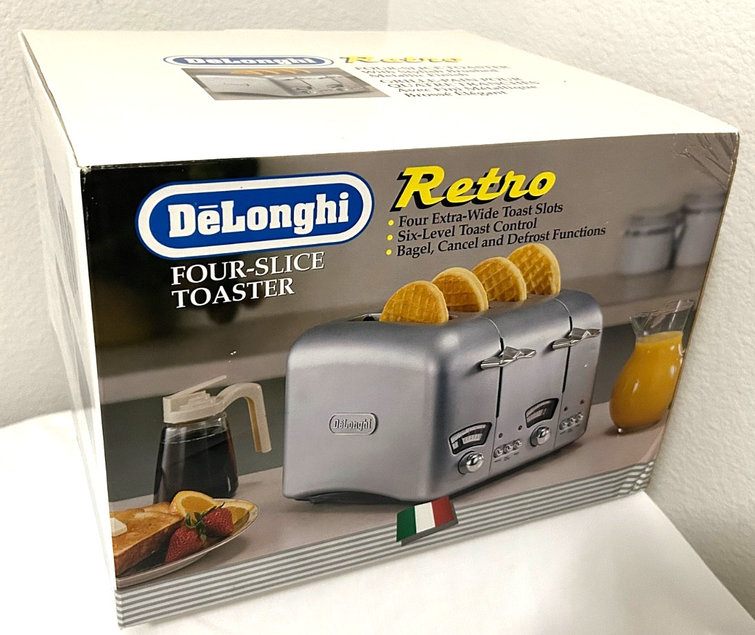 NEW IN BOX DeLonghi RT400 Retro 4-Slice Toaster /Bagel /Defrost - Wide/Long Slot
