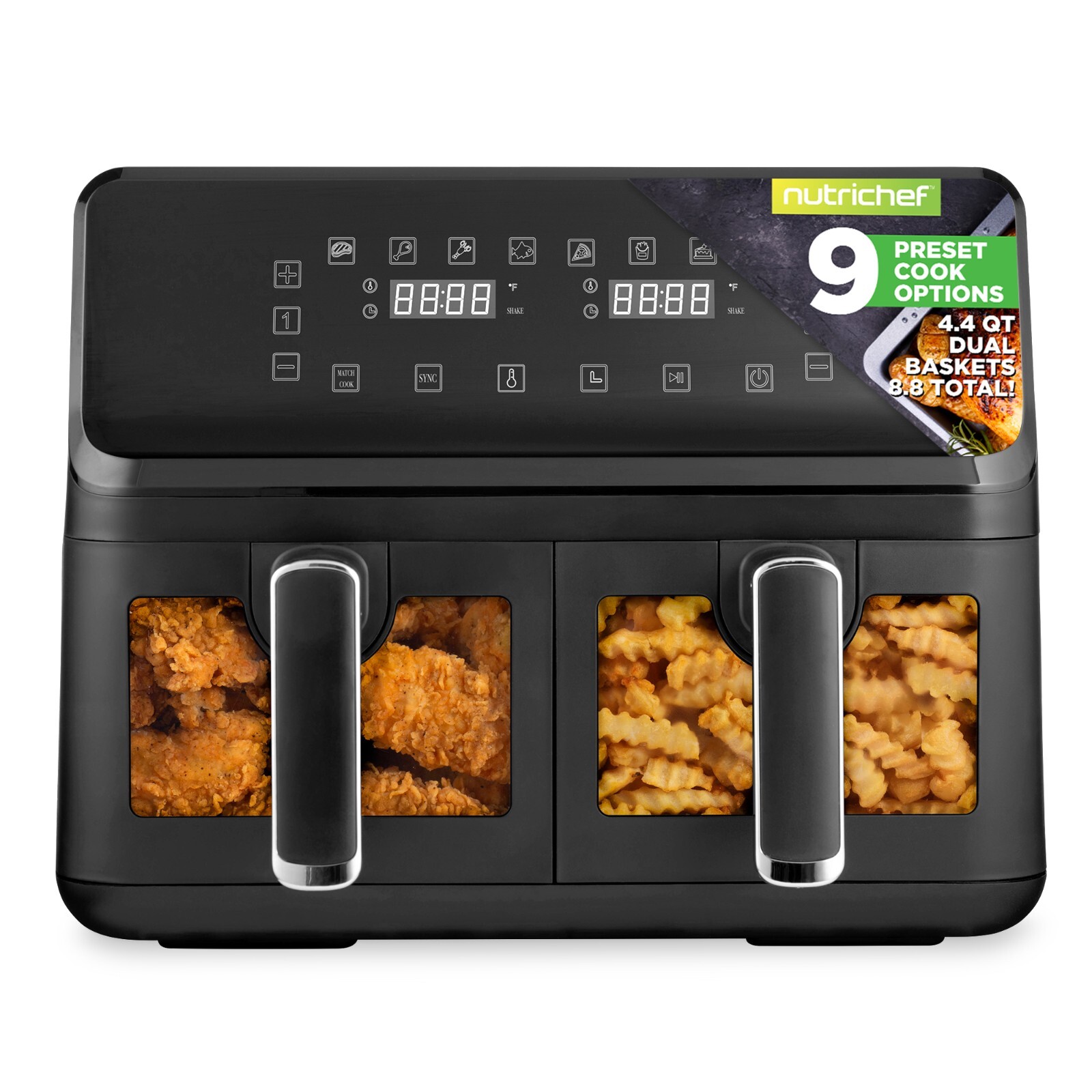 NutriChef 4.4QT Dual Basket Air Fryer-Customized Digital Display (Black)