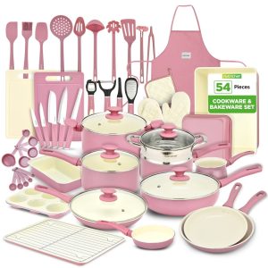 NutriChef 54-Pcs Home Kitchen Cookware High-Quality Ceramic (Blush Pink)