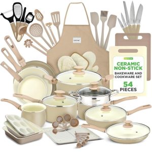 NutriChef 54 Pcs. Home Kitchen Cookware, Kitchen Tools, Bakeware Set-Taupe Brown