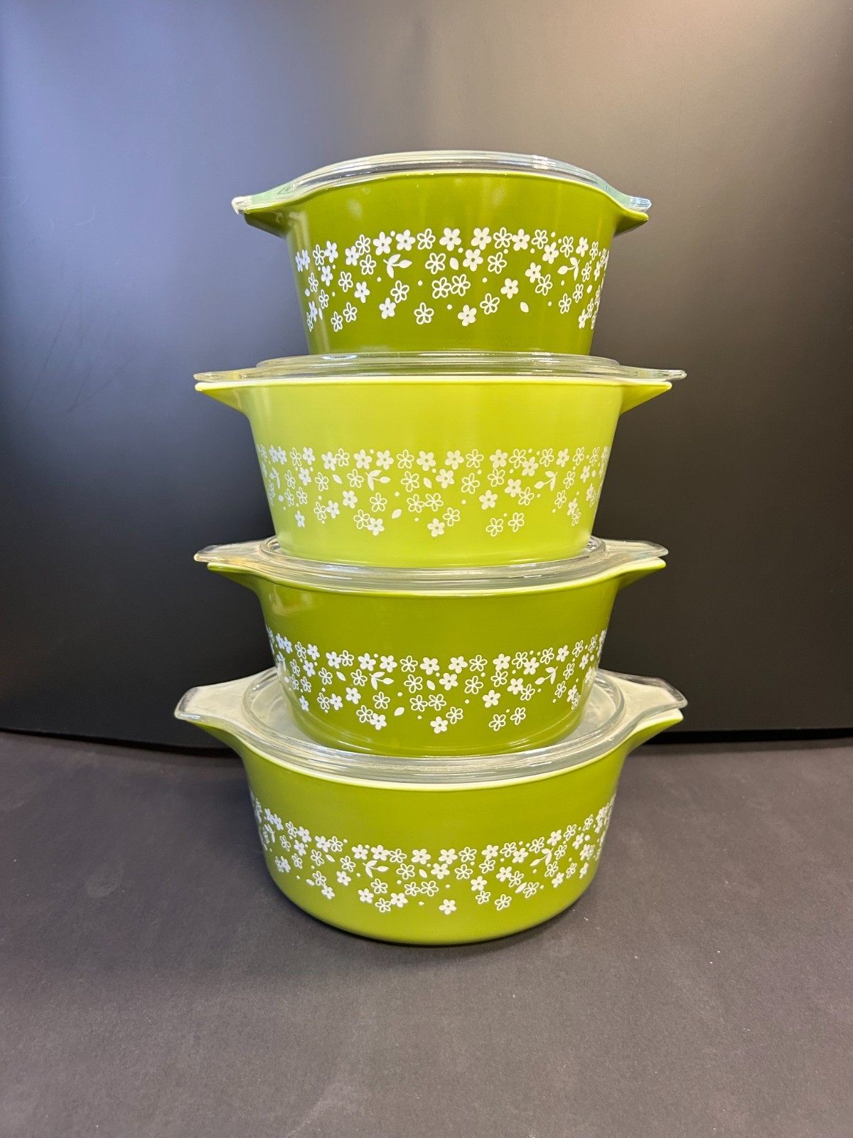 RARE Vintage Pyrex "Spring Blossom Green" Crazy Daisy Cinderella Casseroles 8pc