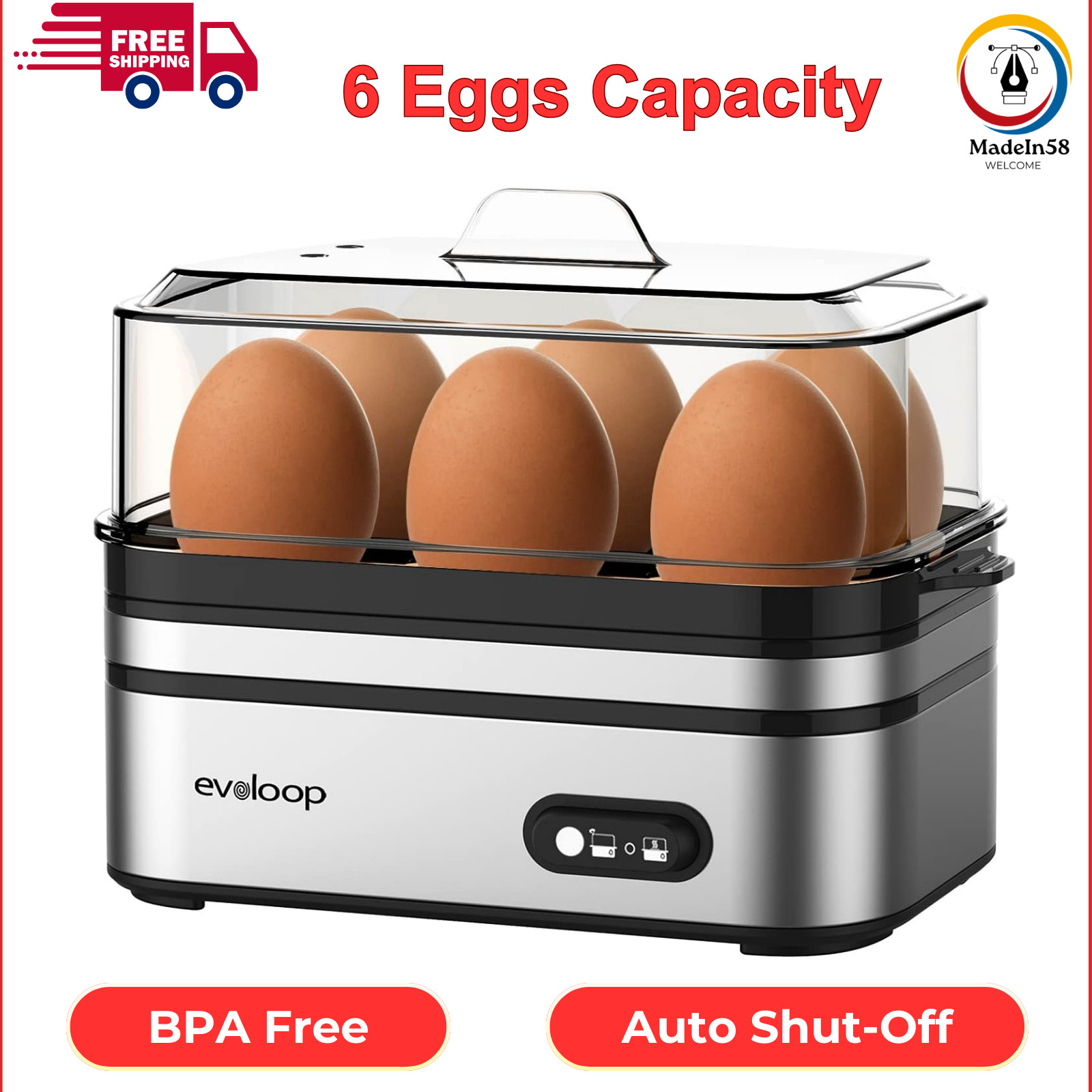 Rapid Egg Cooker Electric 6 Eggs Capacity, Soft, Medium, Hard Boiled, Poacher