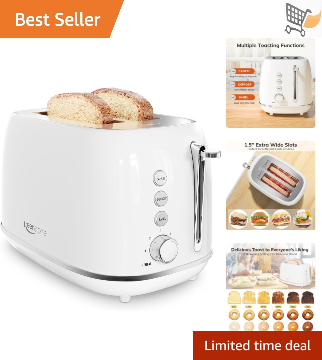 Toaster 2 Slice Stainless Steel Wide Slot Retro Kitchen Toaster with 6 Browni...