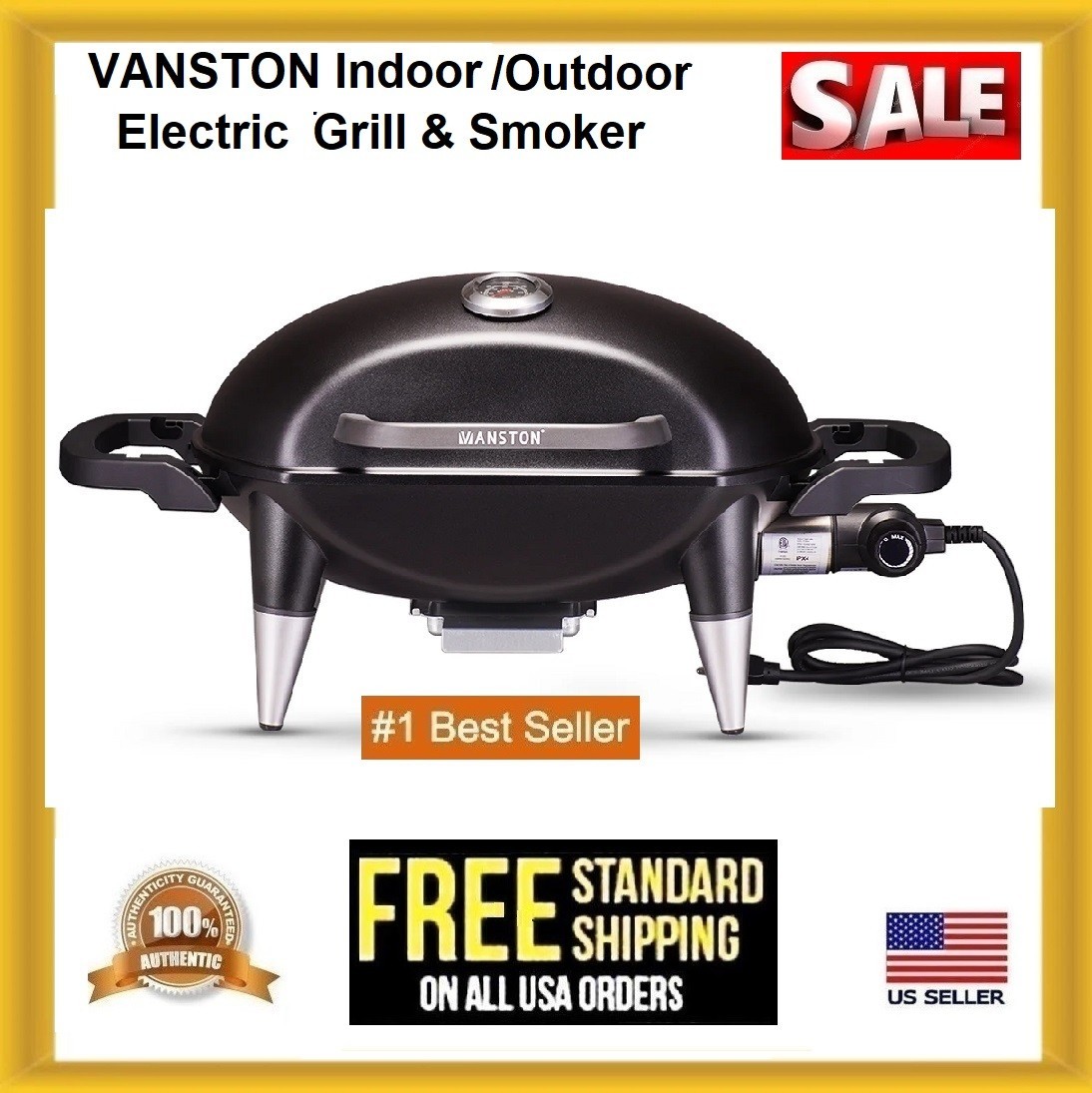 VANSTON Indoor/Outdoor Electric Grill 1500W Barbecue BBQ Grill &Smoker Stainless