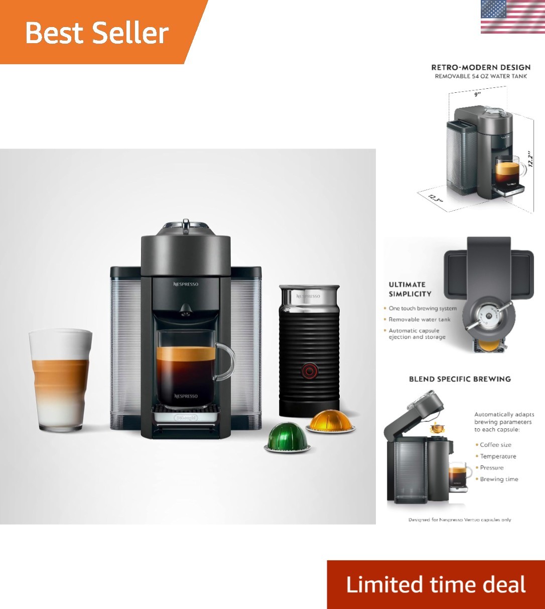 Vertuo Coffee and Espresso Machine by with Milk Frother, 1000 Milliliters, Gr...