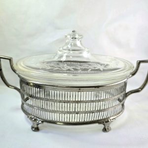 Vintage 1920s Rare Pyrex Glass Oval Dish w/ Etched Flower Lid 193-197 and Cradle