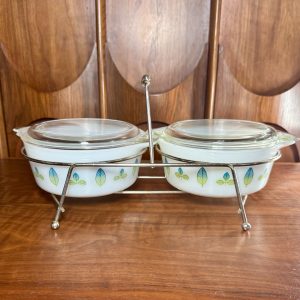 Vintage Pyrex Rare Cradle Promotional Green Blue Leaf Casserole Lids Twin Server